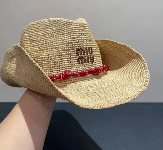 miu Cord-Trim Raffia Cowboy Hat
